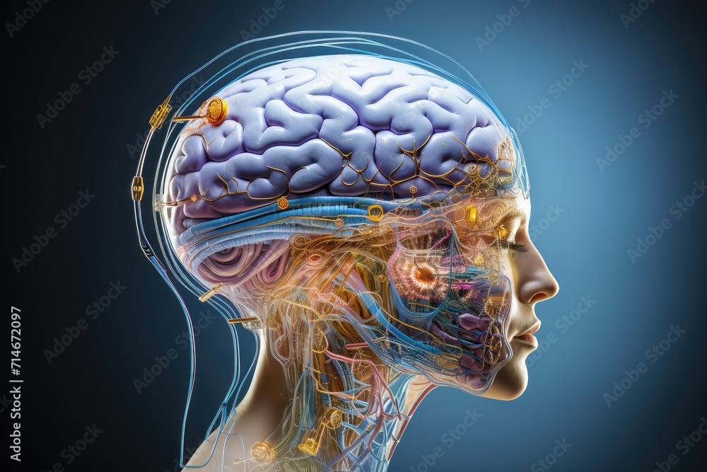 Obraz premium Cyborg brain, technology AI robotic cybernetic, neural augmentation 3d mind head skull x-ray with BCI and neuroprosthetics. Augmented cognition implant driven neurotechnology leads to neuroenhancement
