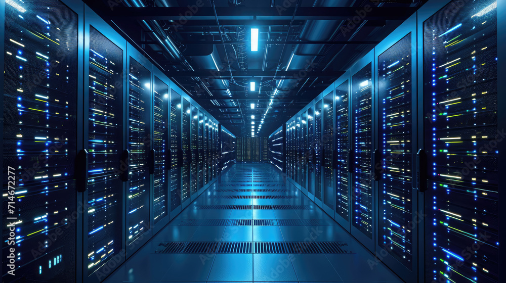 Data Center With Multiple Rows of Fully Operational Server Racks. Modern Telecommunications, Artificial Intelligence, Supercomputer Technology Concept. Data Center With Multiple Rows of Fully Operational Server Racks. Modern Telecommunications, Artificial Intelligence, Supercomputer Technology Concept.