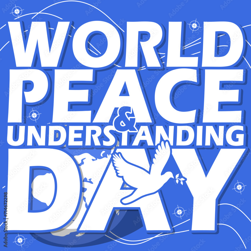 World Peace and Understanding Day event banner. Bold text with bird of peace and earth on light