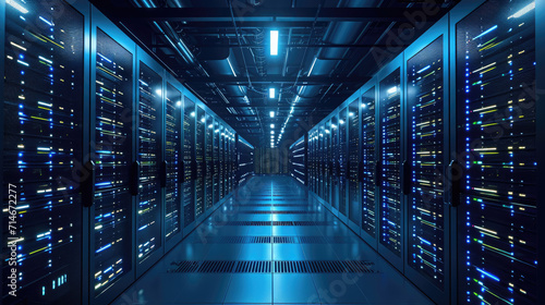  Data Center With Multiple Rows of Fully Operational Server Racks. Modern Telecommunications, Artificial Intelligence, Supercomputer Technology Concept. 