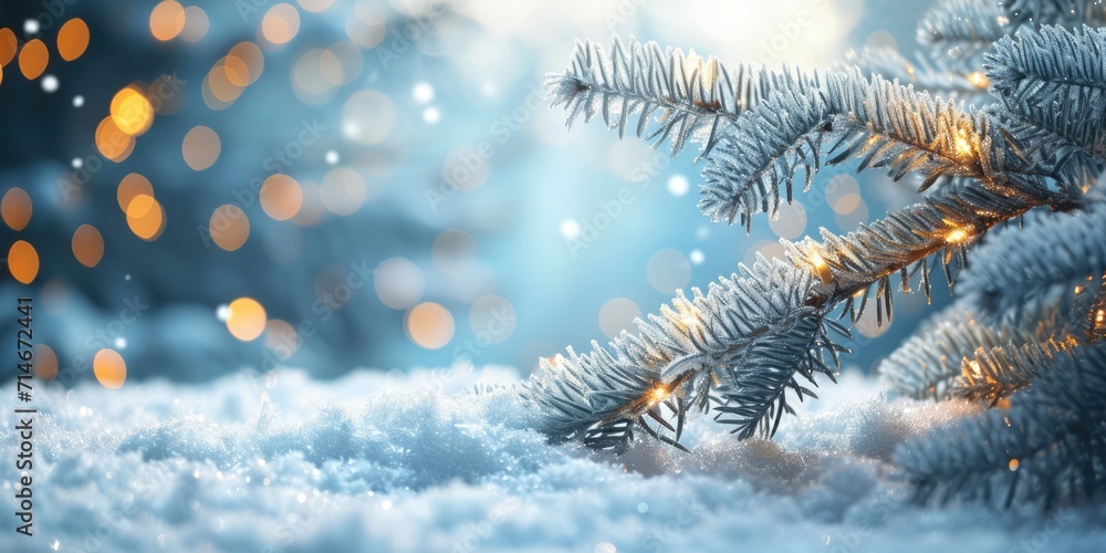 christmas snow and fir tree, blurred snowy background