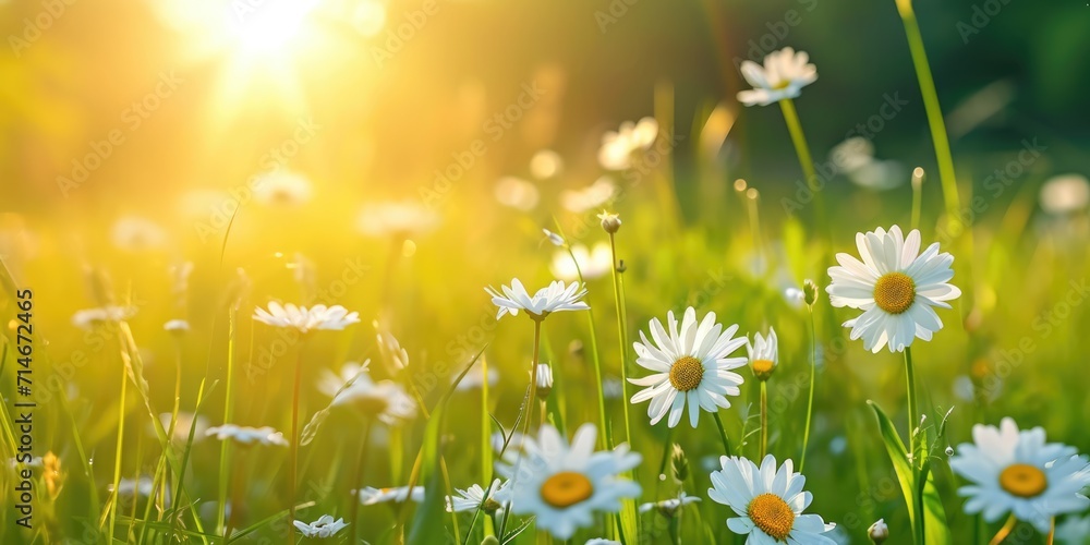 meadow with daisies in sunny morning grass field