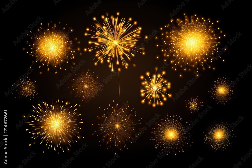 Naklejka premium A set of different flashes from fireworks of yellow color on a black background.