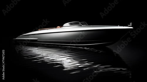 A black and white vintage speedboat from the 1930s.