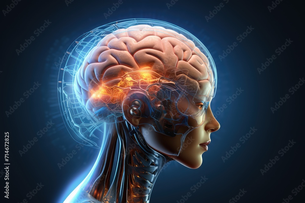 Cyborg Roboter woman, innovative electric brain chip. Smart 3D MRI and X-ray Axon scans anatomy intelligent mind. Neurology AI driven technology chips, neurons robotic artificial intelligence. Cyborg Roboter woman, innovative electric brain chip. Smart 3D MRI and X-ray Axon scans anatomy intelligent mind. Neurology AI driven technology chips, neurons robotic artificial intelligence.