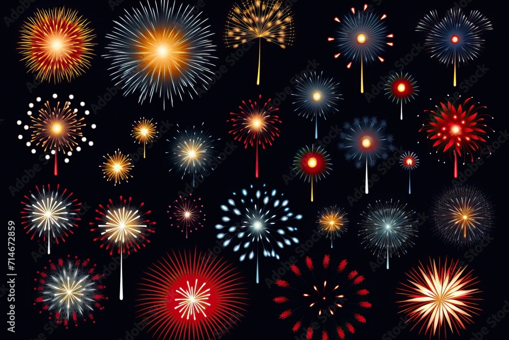 Naklejka premium Set of multi-colored fireworks on a black background.