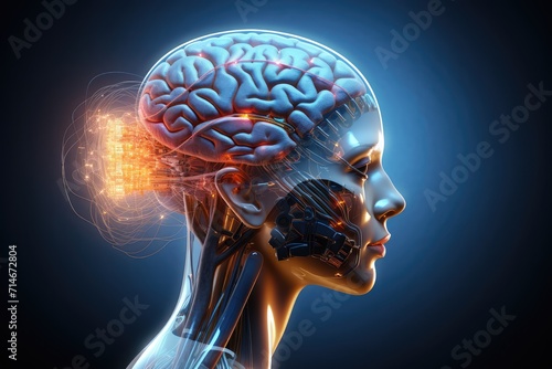 Cyborg Roboter woman, innovative electric brain chip. Smart 3D MRI and X-ray Axon scans anatomy intelligent mind. Neurology AI driven technology chips, neurons robotic artificial intelligence.