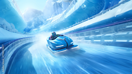 A blue bobsled race down a twisting ice track.
