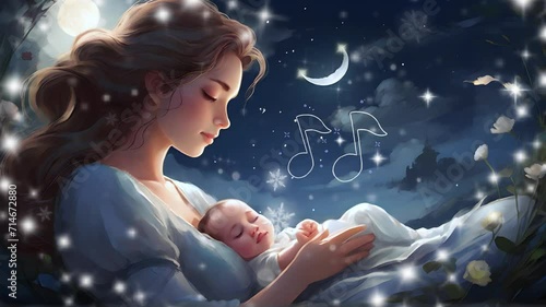 Cartoon animation of a lullaby of a baby sleeping in his mother's lap against the background of the night sky decorated with moonlight. Lullaby video background