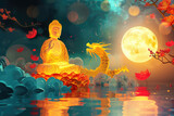 glowing golden Buddha with colorful paper cut clouds, a glowing dragon, nature background