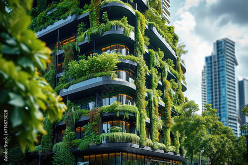 green office. Eco-friendly building in the modern city. Sustainable glass office building with tree for reducing carbon dioxide. Office building with green environment. Corporate building reduce CO2.