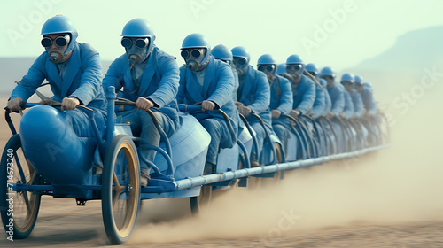 A blue human-powered vehicle race. photo