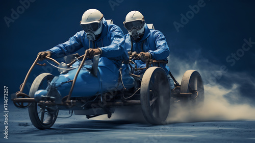 A blue human-powered vehicle race. photo