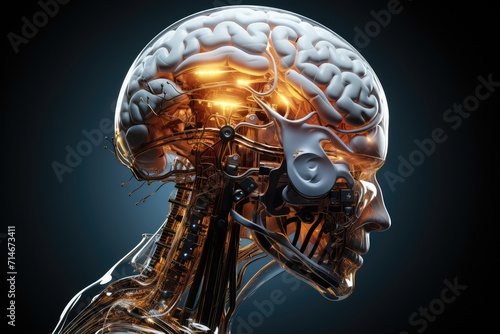 Cyborg Roboter woman, innovative electric brain chip. Smart 3D MRI and X-ray Axon scans anatomy intelligent mind. Neurology AI driven technology chips, neurons robotic artificial intelligence.