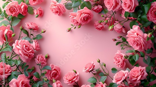 Composition, frame corner folded from pink roses. Pink background and place for text. Roses flowers pattern top view, flat lay, copy space for text. Banner. : Generative AI