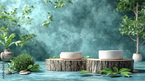 Two cosmetic product podiums mockup. Background for presentation of cosmetic. Minimal modern product display on neutral blue background. Wood slice podium and green leaves. Concept sce : Generative AI photo