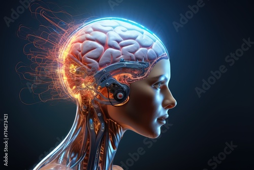 Cyborg Roboter woman, innovative electric brain chip. Smart 3D MRI and X-ray Axon scans anatomy intelligent mind. Neurology AI driven technology chips, neurons robotic artificial intelligence. photo