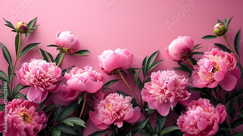 Tender peonies on pink background with copy space. Abstract natural floral frame layout with text space. Romantic feminine composition. Wedding invitation. International Women day, Mot : Generative AI photo