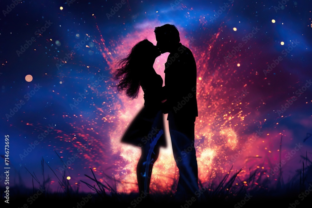 Two silhouettes of people, a man and a girl, kissing on the background of fireworks.