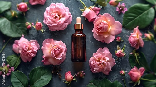 Composition with pure natural organic rose essential oil in glass bottle, luxury perfumery ingredient for fragrance, skin care products, anti-age beauty treatment. Fresh flowers banner : Generative AI photo