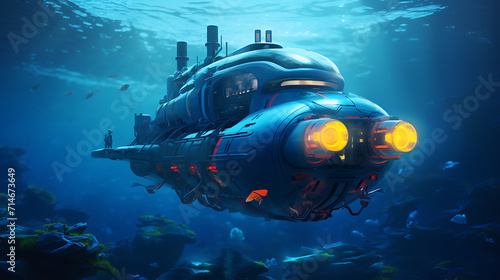 A blue submarine racing underwater. © Muhammad