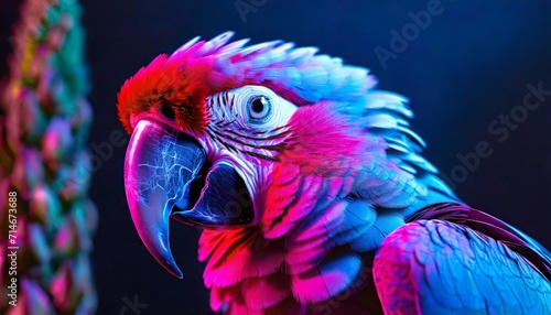 close up portrait of a wild animal with blue and pink neon lights an exotic and rare parrot that can speak