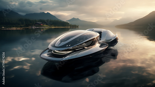 A futuristic silver hovercraft racing above the water.