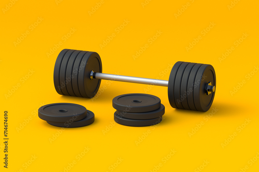 Barbell on orange background. Sports training. Physical exercise. Bodybuilding and powerlifting. Gym equipment. 3d render Barbell on orange background. Sports training. Physical exercise. Bodybuilding and powerlifting. Gym equipment. 3d render