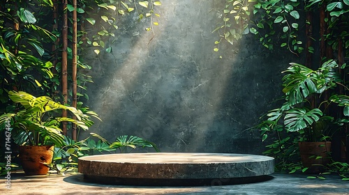 Luxurious stonemarble pedestal basks in foliage gobo sunlight. Wooden rod backdrop adds depth and elegance. Ideal for premium product showcases and sophisticated designs. : Generative AI photo