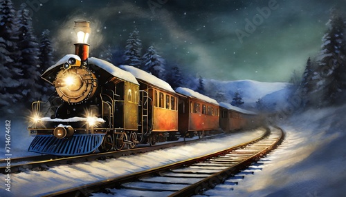 an evening train passes through a winter landscape 