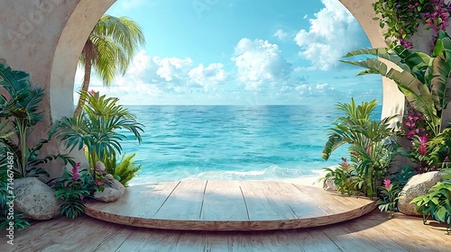 Summer tropical background, Podium on sand beach on sea background, Mock up for the exhibitions, Presentation of products : Generative AI