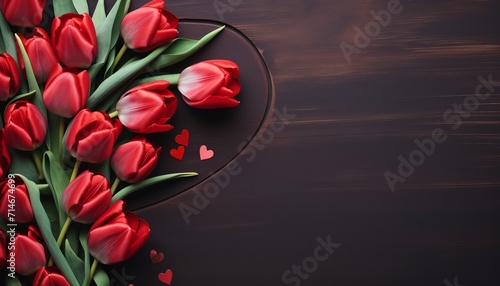 Valentine s day image with chocolates, hearts, and red tulips on copy space for text or design