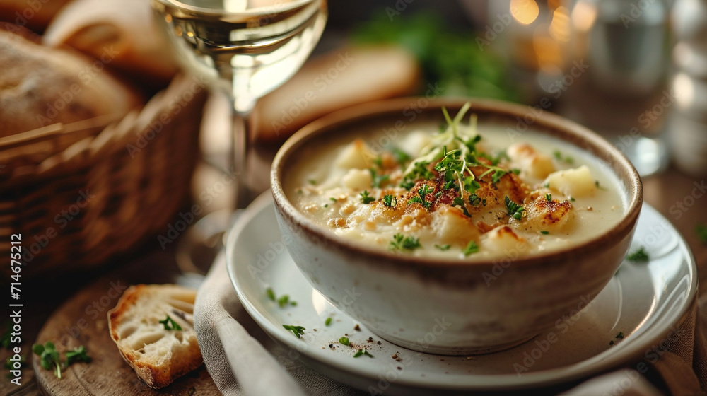 On a white table, a plate of potato soup, a glass of white wine, a rustic basket of rustic bread, beautiful serving, restaurant, and homemade food. unusual background. On a white table, a plate of potato soup, a glass of white wine, a rustic basket of rustic bread, beautiful serving, restaurant, and homemade food. unusual background.