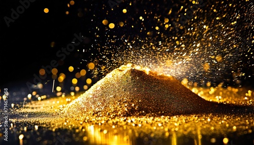 sprinkle glitter gold dust on a black background with copy space