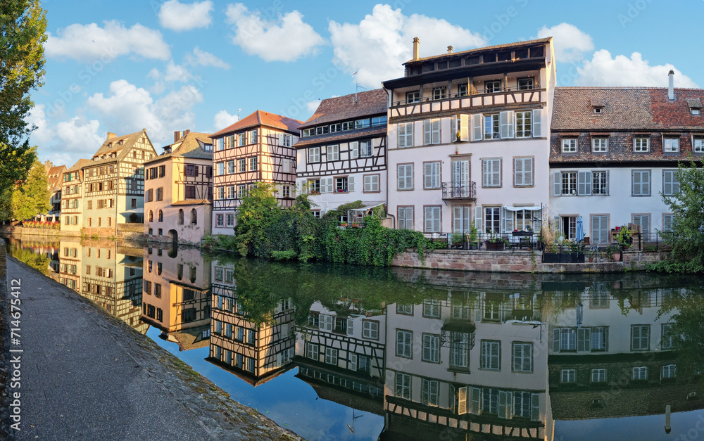 Le Petite France, the most picturesque district of old Strasbourg. Half-timbered houses with reflection in waters of the Ill channels.