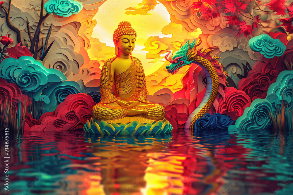 golden Buddha with colorful paper cut clouds, a glowing dragon, water reflection