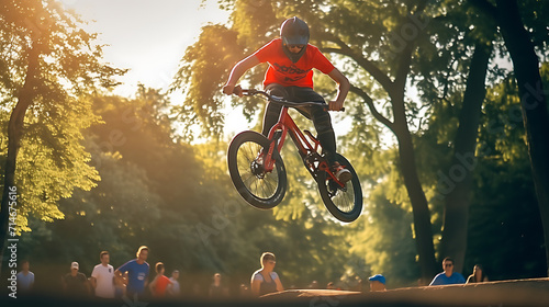 A red bicycle motocross (BMX) rider in a park.