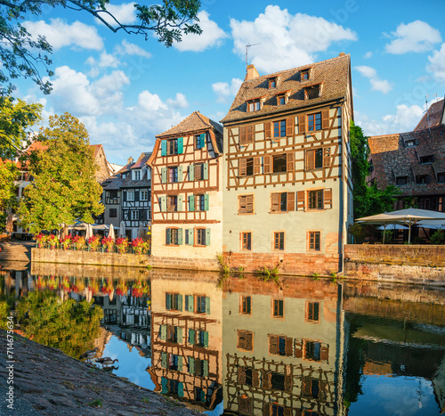 Le Petite France, the most picturesque district of old Strasbourg. Half-timbered houses with reflection in waters of the Ill channels.