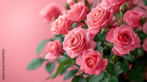 Bouquet of pink roses on pink background. Mother's day, Valentines Day, Birthday celebration concept. Greeting card. Copy space for text, top view : Generative AI