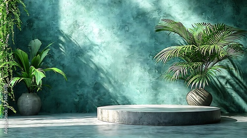 Minimal abstract background for the presentation of a cosmetic product. Premium podium with a shadow of tropical palm leaves on a pastel green wall and gray table. Showcase, display ca : Generative AI