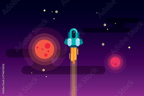 Space rocket launch. Vector illustration of starting space rocket with smoke clouds on dark night sky background.