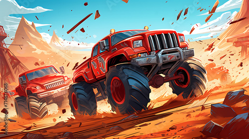 A red monster truck crushing cars in an arena. photo