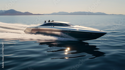 A sleek silver speedboat in a water race. © Muhammad