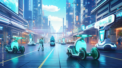 A teal autonomous electric scooter race in a futuristic city.