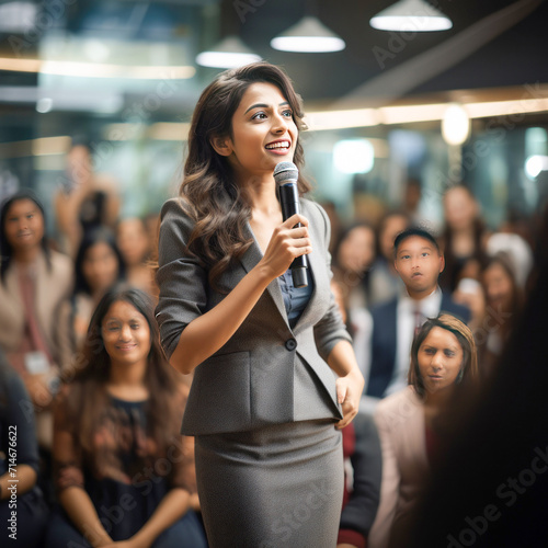 young businesswoman speaking or addressing in a small business meeting