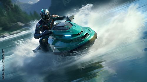 A teal racing jet ski on a watercourse.