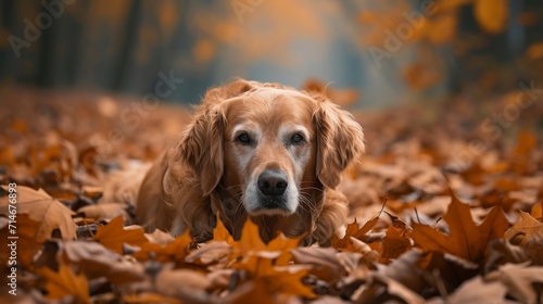 Golden Retriever in a Pile of Fall Leaves