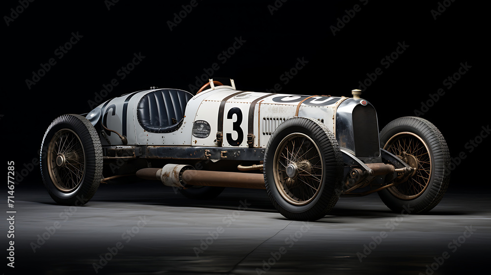 A vintage black and white racing car from the 1920s.