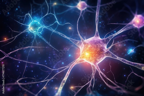 Colorful Nebula Neural Brain Cell Energy Connections, Brain Dots Pattern Neuronal Network, Vibrant fractal light Microscopic Mycelium Membran, Colored DNA neuron motley radiant medical human Mind axon
