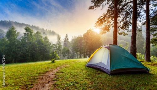 beautiful morning landscape with camping tent at sunrise camping in the forest generative ai
